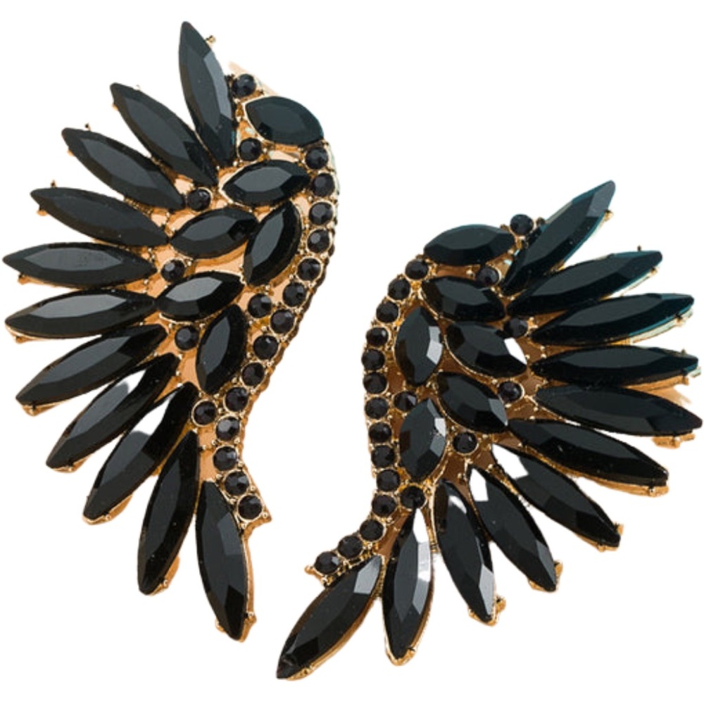Gold-Tone Black Crystal Wing Earrings - Elegant Statement Jewelry